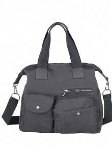 Tas jinjing nilon abu-abu dengan banyak kantong, desain kancing jepret dan resleting, kapasitas besar, tas selempang, ringan, tas bahu kasual untuk bepergian. - Grey - View 10
