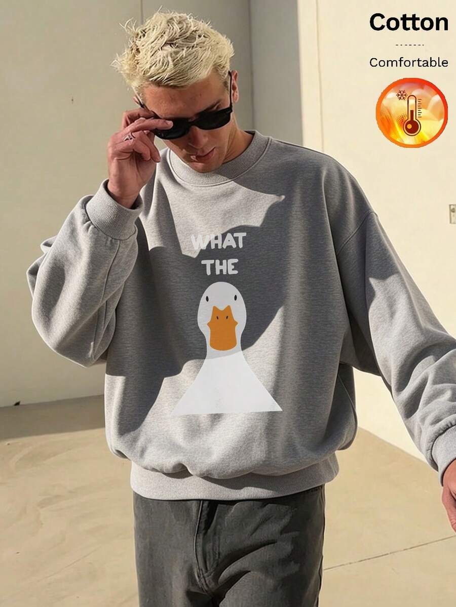 Men's Fleece Crew Neck Sweatshirt, Cartoon Duck Graphic & Text, Y2K Style, Autumn/Winter - Heather Gray - View 1
