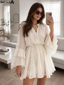 2026 Summer Women's Vacation Dress, Flare Sleeve Skirt, Loose A-Line Cut Spring/Summer Series White Elegant - White - View 3