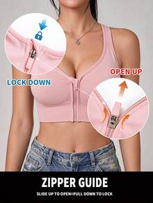 Women's Plus Size High-Impact Support Front Zip Wire-Free Seamless Elastic Sports Yoga Running Bra, All Season - Pink - View 4