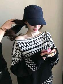 Soft Gauze Old Money Colorblock Jacquard Knit Sweater Random Cut - Black - View 1