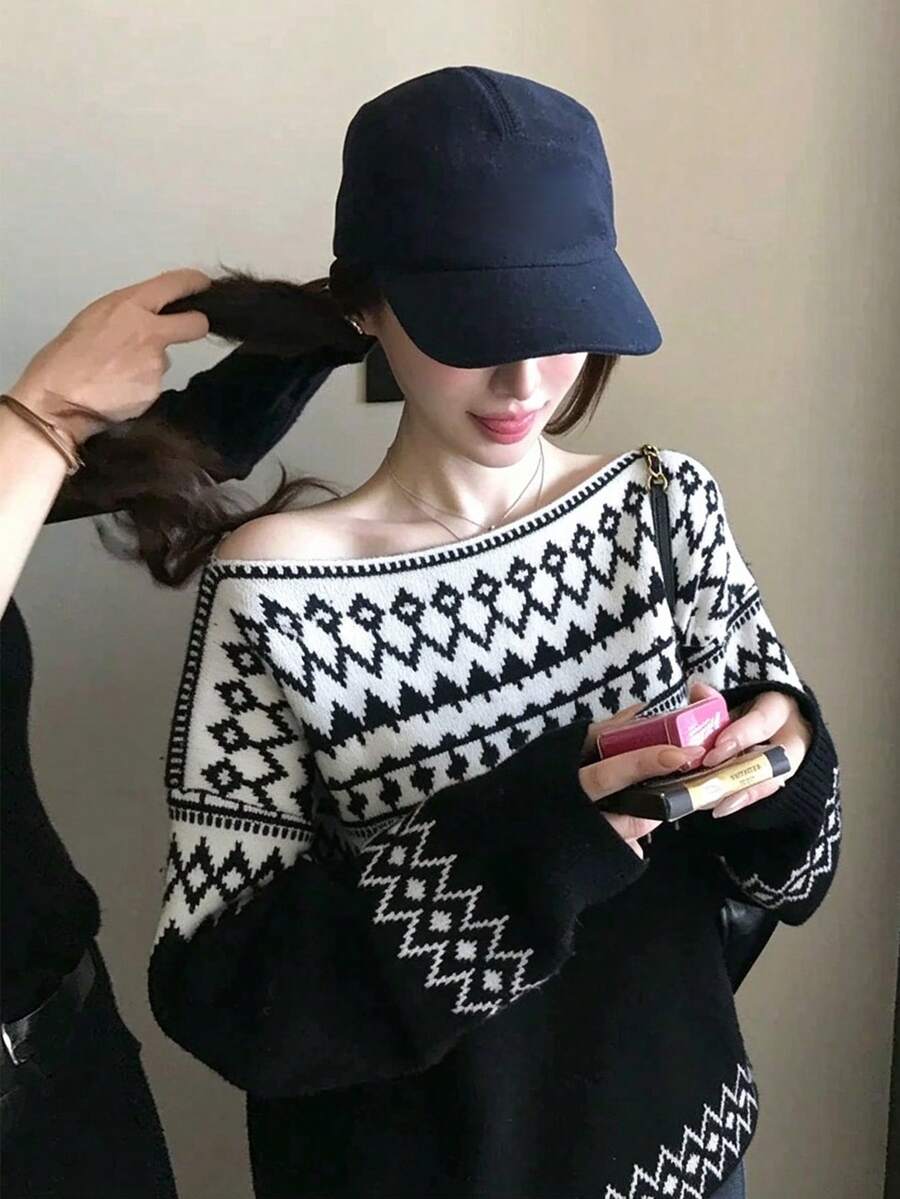 Soft Gauze Old Money Colorblock Jacquard Knit Sweater Random Cut - Black - View 1