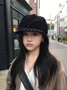 1pc Japanese Style Niche Vintage Rivet Asymmetrical Round Top Octagonal Cap Women Spring Autumn Travel Personalized Street Duck Bill Newsboy Hat - Multicolor - View 2