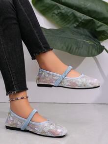 Women's Fashion Flat Mary Jane Shoes, Breathable Hollow Mesh Square Toe Summer Shoes With Floral Embroidery Design, Comfortable For Travel And Vacation, Mother's Day, Shoes For Women Fall, Shoes For Women, حذاء, احذية نسائية - Baby Blue - View 4