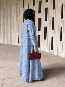 Hafizah Modest Textured Jacquard Long Sleeve Jacket For Women, Summer Eid Spring Fall - Sky Blue - View 2