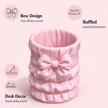 Pink Bow Pleated 3D Printed Storage Cylinder, Creative Sweet Design, Pen Holder & Makeup Brush 2-In-1, High-Value Desktop Organizer For Study And Vanity - Pink - View 2