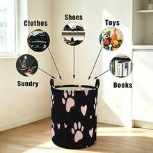 Black Background Storage Bucket With Pink Puppy Paw And Heart Patterns, Foldable Laundry Basket With Handle, A Storage Basket For Toys And Dirty Clothes For Pet Lovers' Bedrooms - Black - View 7