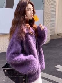 Women's Autumn/Winter Casual Minimalist Loose Slimming Fuzzy Zip-Up Knit Cardigan Sweater Jacket Fall - Purple - View 1