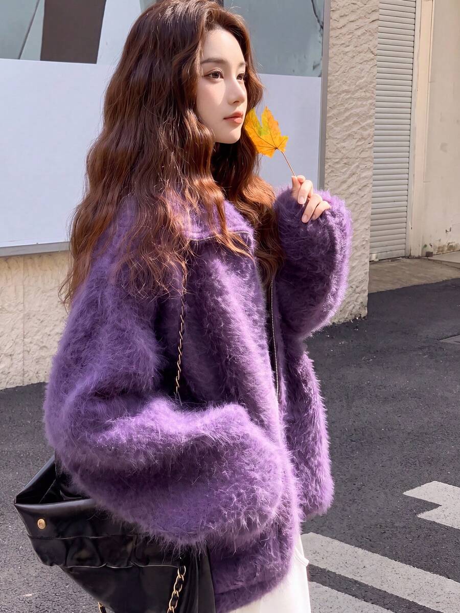 Women's Autumn/Winter Casual Minimalist Loose Slimming Fuzzy Zip-Up Knit Cardigan Sweater Jacket Fall - Purple - View 1