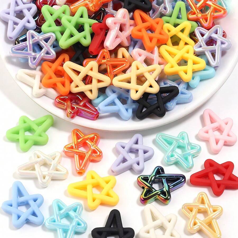 10pcs/Pack Acrylic Hollow Five-Pointed Star Vertical Hole Flat Beads 18*22mm Mixed Color Asymmetrical Star Pendants For Handmade DIY Phone Chain Keychain Bag Charm Colorful Beads