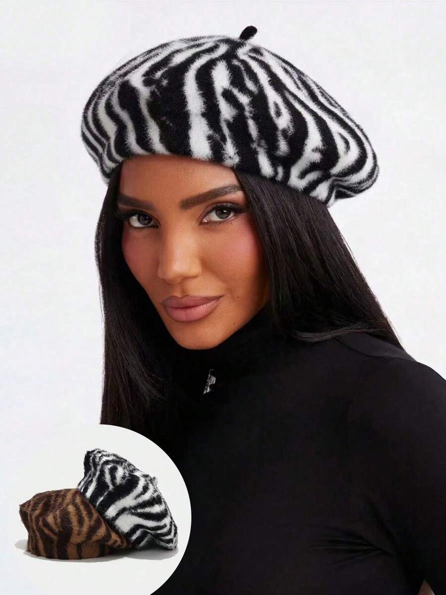 1pc Redisu Animaruhand Soft Plush Hat, Sofuto Autumn/Winter Zebra Stripe Photo Collection, Daily Wear, Suitable For Photography - A - View 1