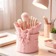 Cute Bow Satin Makeup Brush Holder, 3D Printed Storage Ornament, Bow Pen Holder, Pleated Silky Cosmetic Storage Cup, Decorative Desktop Storage Container Suitable For Vanity, Girls Makeup Accessories - Multicolor - View 3