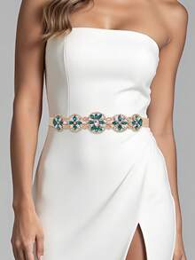 1pc Elegant Emerald Rhinestone Wedding Belt, Summer Waist Sash, Luxury Decorative Accessory For Wedding Guests Bridesmaids - Champagne - View 3
