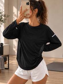 Women's Black Long Sleeve Top With Breathable Side Panels And Reflective Sleeve Detail, Slim Fit Running Shirt - Black - View 6