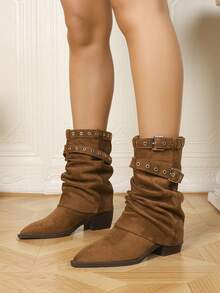 Women's Faux Suede Rivet Multi-Strap Buckle Pointed Toe Mid-Calf Chunky Heel Western Boots, Cool Retro Motorcycle Cowboy Boots, Autumn/Winter Brown - Brown - View 4