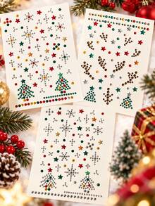 2/3 Sheets Christmas Atmosphere Face Gem Decoration Sticker, Self-Adhesive, Christmas Tree, Snowflakes, Antlers, Star, Multi-Element Patterns, Suitable For Christmas Party, Rave, Portrait Photography, Stage Makeup Face Decoration - Multicolor - View 6