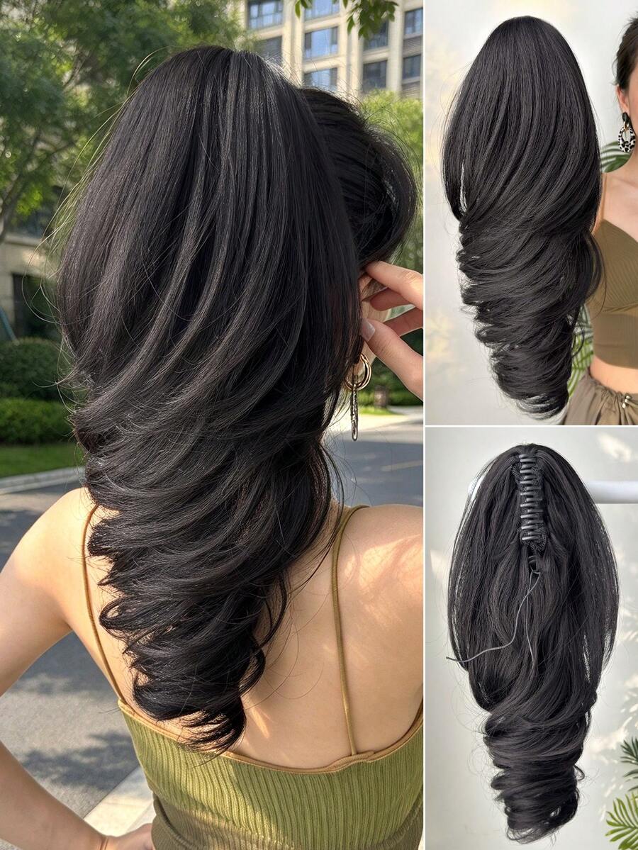 HEYPINK Ekstensi Rambut Ekor Kuda Jepit Bergelombang Alami Hitam 18 Inci, Serat Sintetis Lembut Tahan Panas, Untuk Pemakaian Sehari-hari Wanita