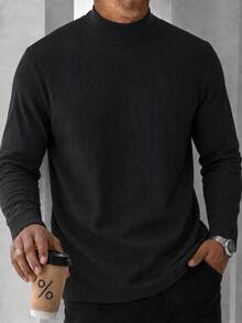 Men's Autumn/Winter Minimalist Ribbed Solid Color Fashion Casual Mock Neck Long Sleeve Sweater - Black - View 4