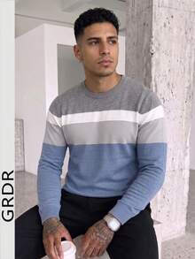 GRDR Men's New Minimalist Casual Contrast Color Crew Neck Long Sleeve - Daily Commute Knit Top - Blue and White - View 2