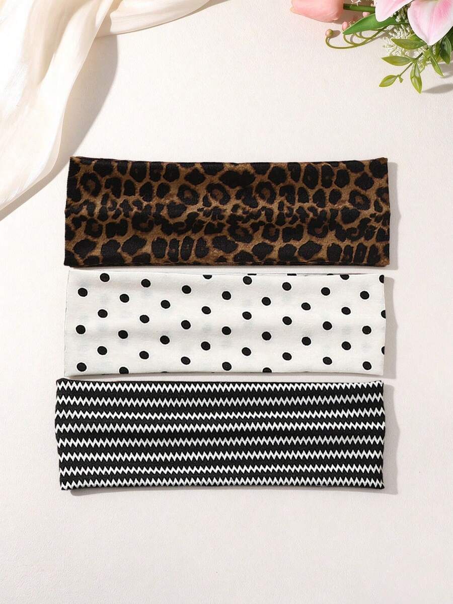 3pcs Vintage Leopard Print Polka Dot Striped Wide Headband For Women, Casual Sports Yoga Home Commute Versatile Hair Accessory - Multicolor - View 1