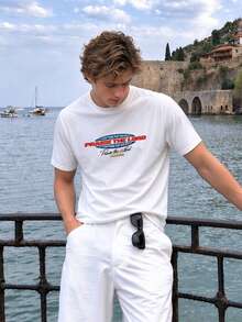 Camvyn Men's Summer Black & White Contrast Color Sporty Casual Print Raglan Sleeve Loose Fit Crew Neck Short Sleeve T-Shirt - White - View 1