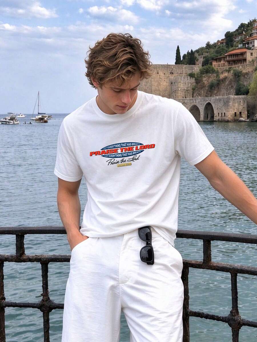 Camvyn Men's Summer Black & White Contrast Color Sporty Casual Print Raglan Sleeve Loose Fit Crew Neck Short Sleeve T-Shirt - White - View 1