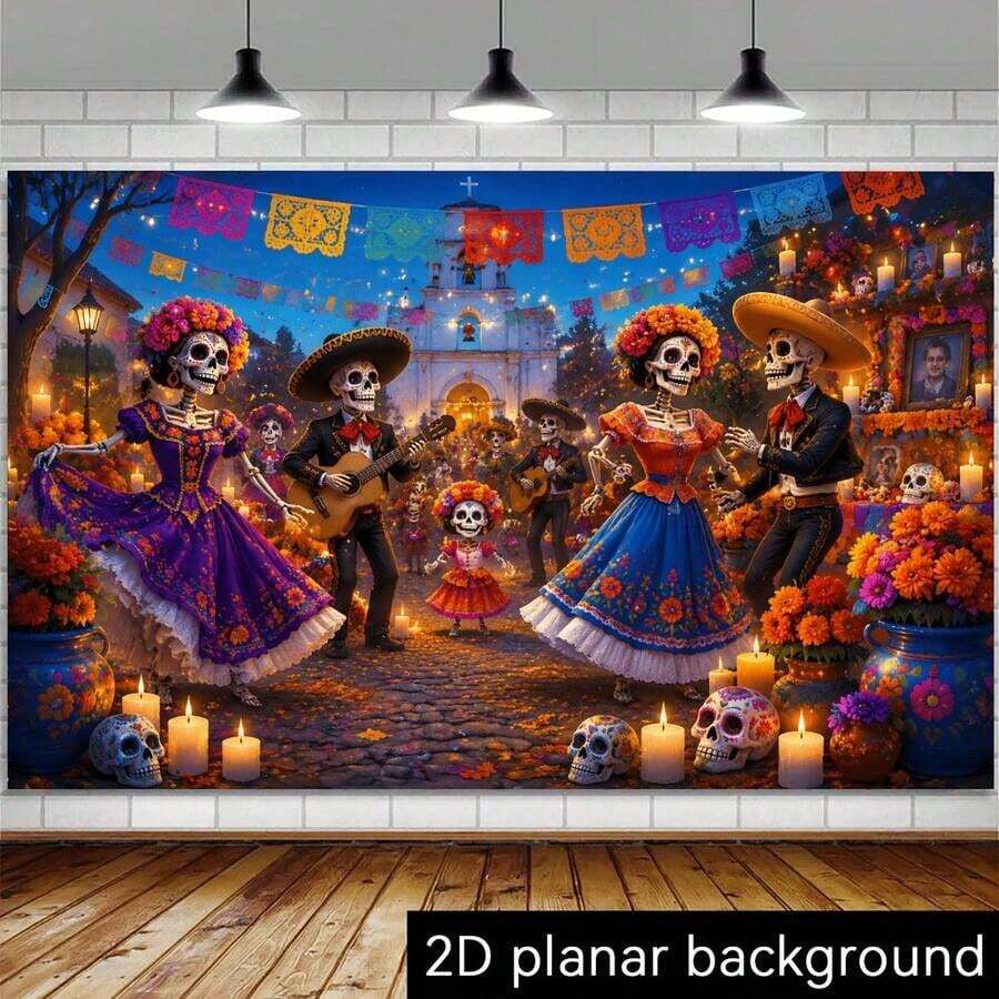 1pc 2D Flat Mexican Day Of The Dead Marigold Background Cloth, Polyester Material, Marigold And Skeleton Dance Design, Suitable For Day Of The Dead Memorial Party, Mexican Theme Event, Halloween Decoration And Party Setup - A - View 1