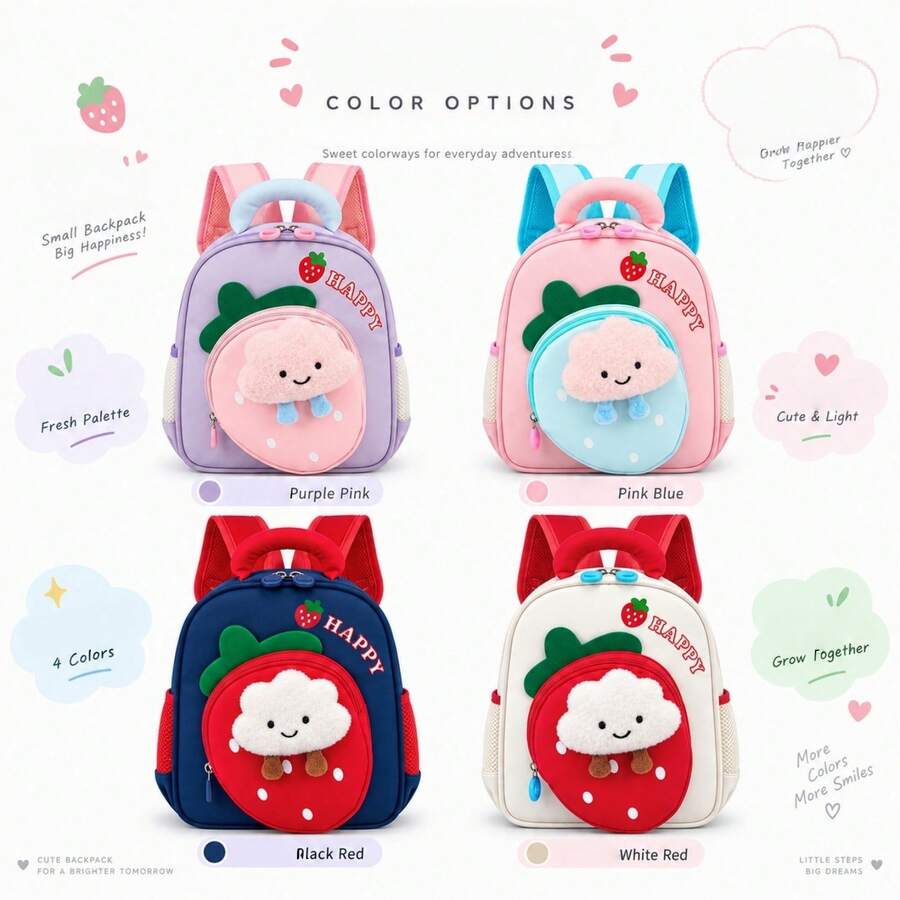 Ransel Anak Perempuan Model Baru, Segar dan Modis dengan Kombinasi Warna yang Menarik dan Motif Stroberi Lucu, Kapasitas Besar, Ringan dan Sederhana, Motif Kartun - MultiWarna - View 1