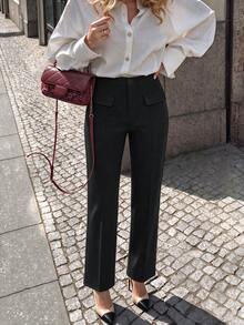 minisummer Women Fall High Waist Flared Work Pants Back Elastic Waist Pocket Detail Office Suit Trousers - Black - View 1