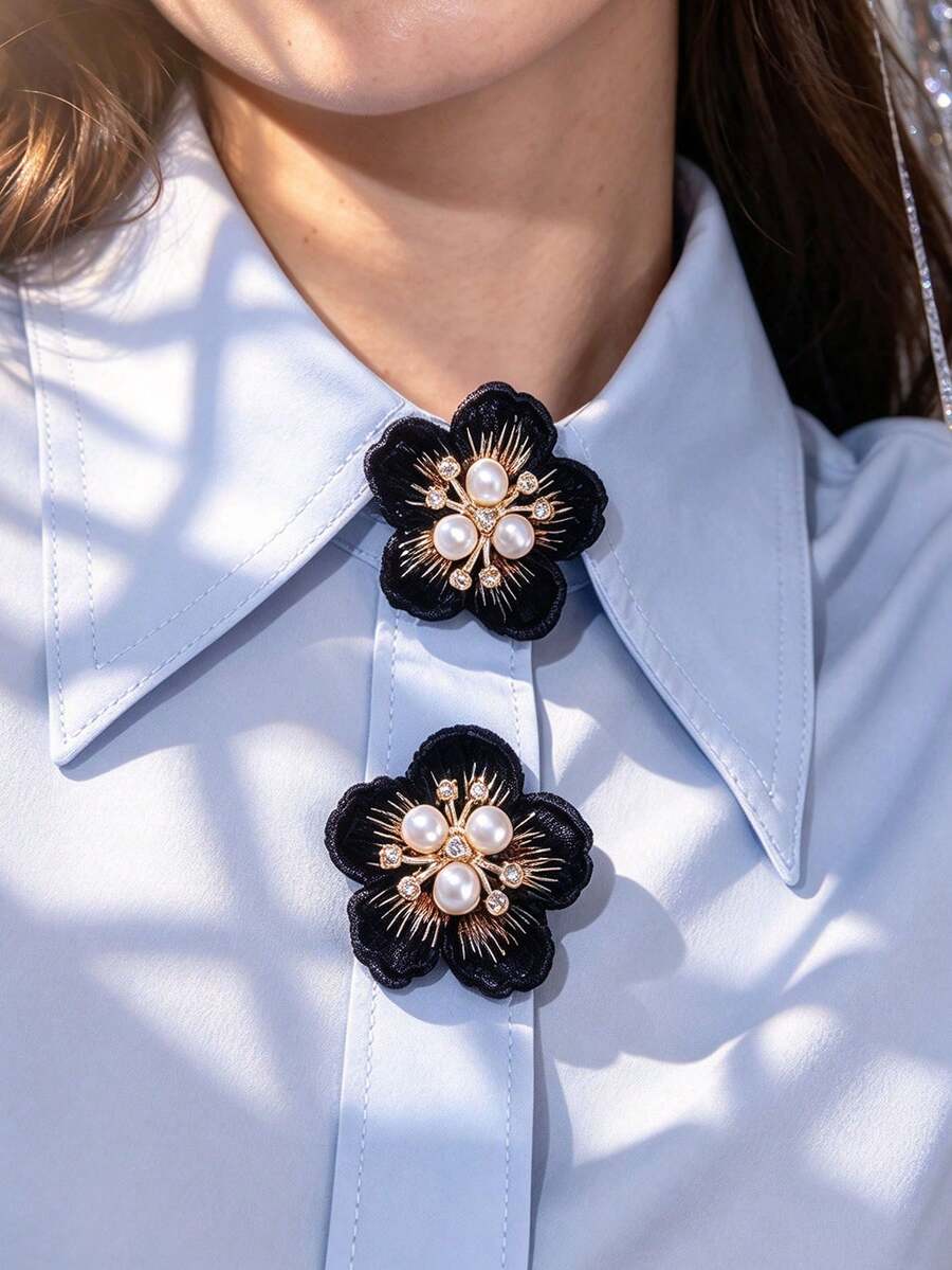 1件/2件裝 優雅布藝刺繡花卉鈕扣蓋,免縫襯衫鈕扣蓋,裝飾鈕扣,時尚水晶袖扣 - 黑色 - 查看 1