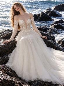 Women's Romantic Elegant Off-Shoulder Long Sleeve Wedding Dress - أبيض - مشاهدة 1