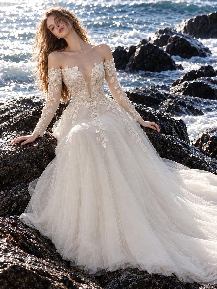 Women's Romantic Elegant Off-Shoulder Long Sleeve Wedding Dress - أبيض - مشاهدة 1