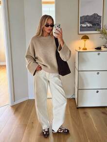 Women's New Autumn/Winter Solid Color Round Neck Drop Shoulder Long Sleeve Knit Sweater, Suitable For Daily Wear And Commuting, Casual Style - Fog Gray - View 1