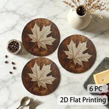 2D Flat Printed 6pcs/Set Coasters, Country Style Maple Leaf Autumn Warm Pattern, Printed, Non-Slip, Heat-Resistant Durable Beverage Mat, Holiday Party Tabletop Protection Mat, Home Decor - View 2