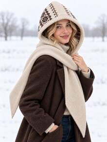 1pc Women's Pattern Hooded Knit Warm Decorative Casual Cute Style Hooded Scarf Suitable For Skiing, Outdoor, Outing In Autumn/Winter - Multicolor - View 7