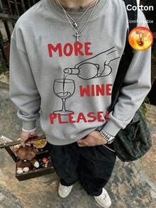 Men's Fleece Crew Neck Sweatshirt, Wine Pouring Print, MORE WINE PLEASE Text, Y2K Style, Autumn/Winter - Heather Gray - View 3