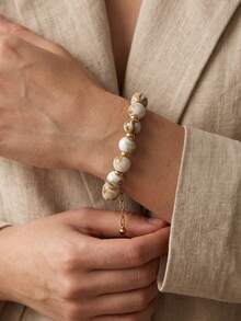 1pc 304 Stainless Steel Beaded Bracelet Vintage Marble Pattern Acrylic Bead Chain Bracelet Stackable Wrist Fall Style - Bracelet - View 2