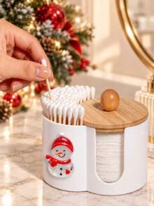 Extra Large New Christmas Snowman Shaped Bamboo Lid Plastic Storage Box (2-In-1), With Dual Round Hole Design Desktop Cosmetic Organizer, Suitable For Storing Makeup Brushes And Beauty Tools, Ideal Cosmetic Organizer, Vanity Accessory And Gift For Women - Multicolor - View 2