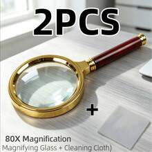 2pcs Set (1pc Extra Large Upgraded 80x Magnifying Glass And 1pc Random Color Cleaning Cloth) Large Handheld Metal Magnifier, Ergonomic Handle, Portable Multi-Function Magnifying Glass, Suitable For Viewing Jewelry - Multiple Styles - View 2