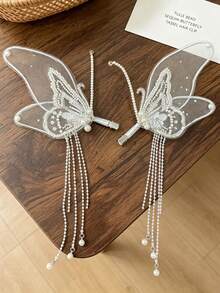 2pcs/Set Rhinestone Pearl Chain Butterfly Hair Clips, Double Layer Mesh Wings Tassel Edge Hair Accessories For Wedding Party Styling - Multicolor - View 5