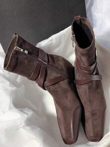 Square Toe Elastic Slim Boots New Autumn/Winter French Vintage Commute Elegant Fashion Versatile Soft Sole Boots - Brown - View 2