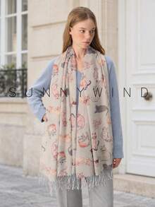 1pc Women's Gold Thread Animal Cartoon Kitten Cute Lively Sweet Versatile Fashion Polyester Scarf For All Seasons Daily Wear - Light Grey - View 3