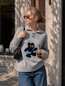 Fall Polo Collar Cartoon Cat Graphic Knit Sweater, Thanksgiving Outfit For Weekend Campus Daily Dating & Casual Going‑Out - Grey - View 1