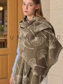 1pc Women's Ginkgo Leaf Pattern Casual Commute Daily Versatile Polyester Scarf, Suitable For All Seasons - Khaki - View 6
