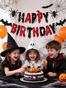 Red Black Glitter Birthday Banner - Halloween Bat Spider Happy Birthday Party Decorations For Themed Party Decor - Multicolor - View 4