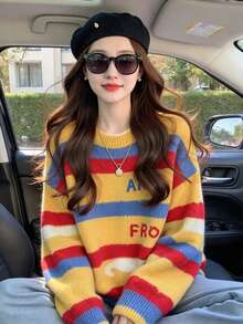 1pc Women's Loose Rainbow Striped Pullover Sweater, Autumn/Winter Long Sleeve Knit Top - Yellow - View 2