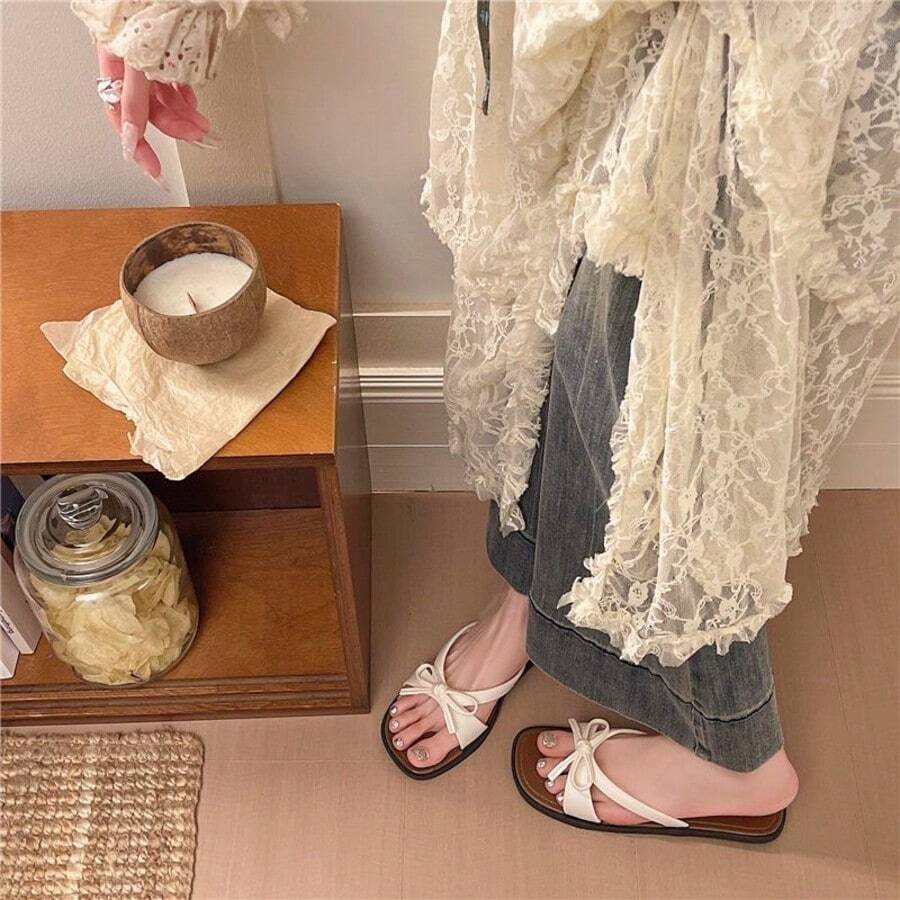 French Fairy Style Bow Slip-On Slippers For Women, 2026 New Spring/Summer Casual Vacation Flat Beach Sandals - Off White - View 1