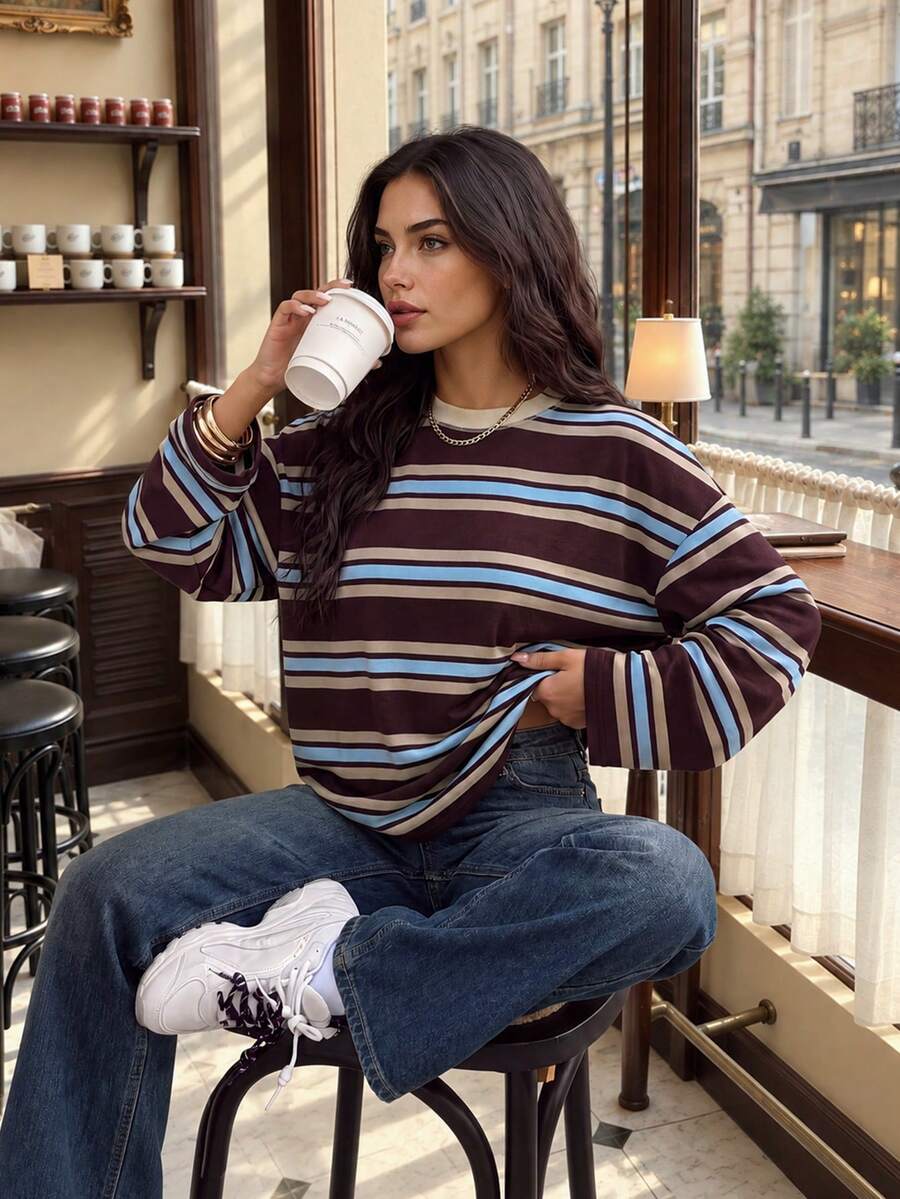 Women's Autumn Elegant Vintage Striped Round Neck Long Sleeve Loose T-Shirt, Color Block Striped Print Casual Top, Suitable For Back To School, Halloween And Other Holiday Outfits - Multicolor - View 1