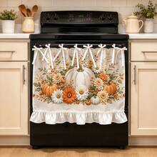 1PC Tie Top Dishwasher Cover Curtain, Ruffled Hem, 2D Flat Print Autumn Pumpkin Daisy Floral Pattern, Harvest Farmhouse Decor, Multi-Use Kitchen Curtain For Sink, Cabinet, Microwave - Multicolor - View 9