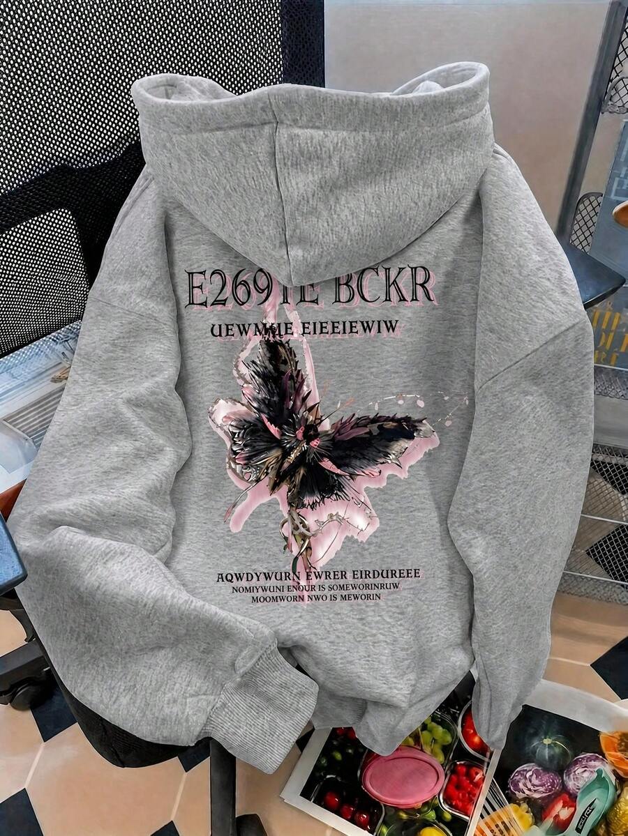 1pc Tween Girl Black & Pink Gradient Broken Butterfly Gothic Letter Hooded Sweatshirt, Heather Grey Streetwear Loose Fit Sweatshirt For Boys & Girls, Spring/Autumn - Grey - View 1